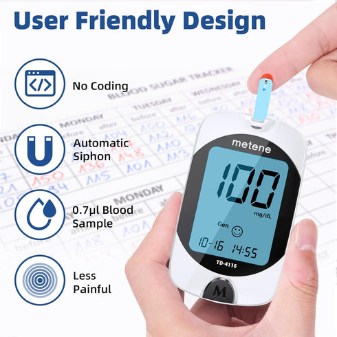TD-4116 100 Count TD-4116 Metene Blood Glucose Test Strips, Blood Sugar Test Strips for Diabetes, Use with metene