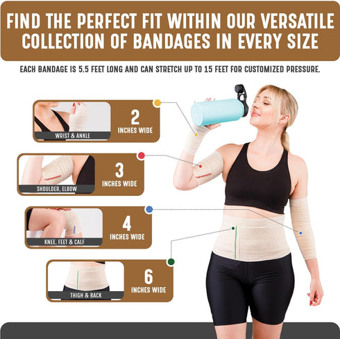 Premium Elastic Bandage Wrap - 6” Wide, 2 Pack, Latex Free Athletic/Medical Compression Bandages