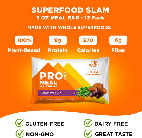PROBAR Meal Bar, Superfood Slam, Non-GMO, Gluten-Free, Healthy, Plant-Based Whole Food Ingredients, 3 Ounce (Pack of 12)