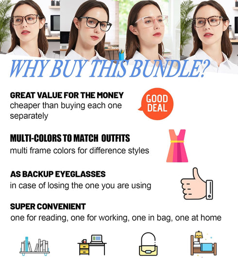 4 Packs Reading Glasses 1.0 for Women, Blue Light Blocking Square Computer Readers, Various Strengths Available