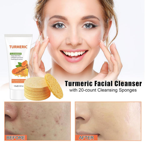 Turmeric Cleansing Pads & Turmeric Facial Cleanser - Turmeric Face Wash Soap with 20Pcs Facial Sponges, Natural Turmeric Soap And Face Pads Skin Care Set for Women & Men, Smooth Skin
