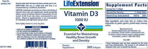 Life Extension Vitamin D3 25 mcg (1000 IU), 2 x 250 Softgels, Immune System & Bone Health Support