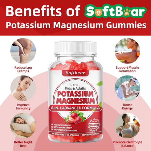 Potassium Gummies for Adults, 60 Gummies - High Absorption Magnesium Potassium Supplement with Vitamin B6 for Muscle