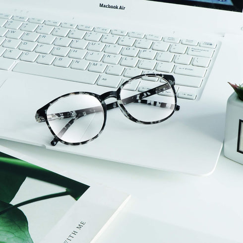VisionGlobal Blue Light Blocking Glasses, Anti Eyestrain for Women/Men, Stylish Oval Frame, Anti Glare, Gray +1.50