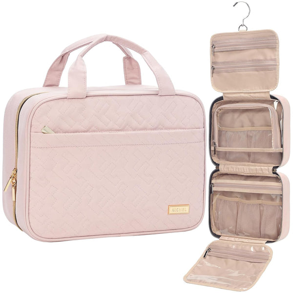 NISHEL Travel Toiletry Bag for Women - Portable Hanging Organizer for Full-Sized Shampoo, Conditioner, Brushes Set,