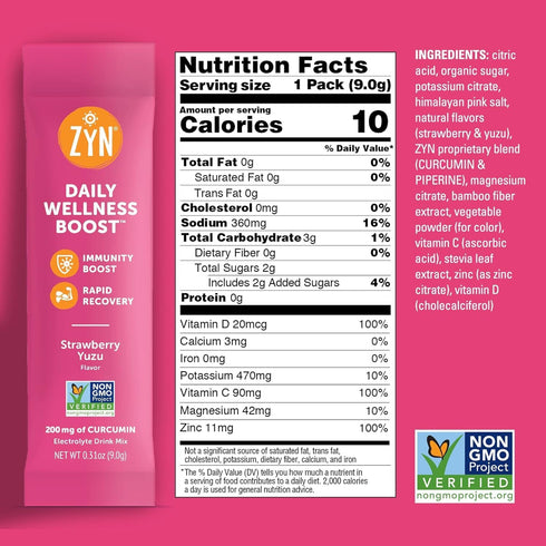 ZYN Turmeric Powder Electrolyte Drink Mix, 32 Servings Strawberry Yuzu, Healthy Hydration with Vitamin C & Zinc