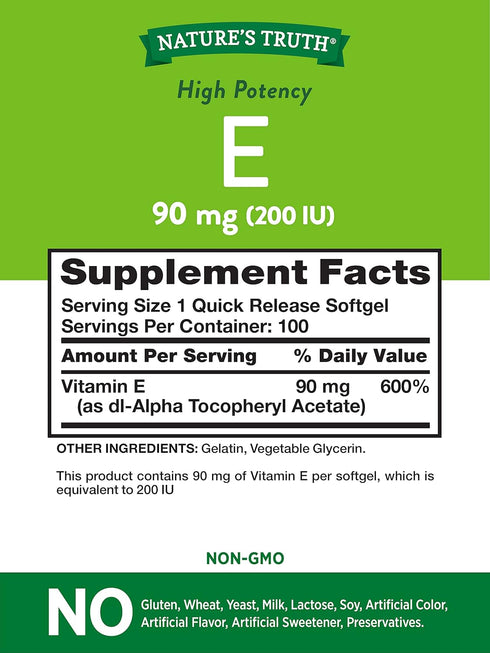Nature's Truth Vitamin E Softgels | 200 IU | 100 Softgels | Non-GMO & Gluten Free Supplement