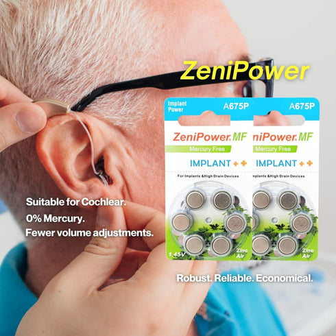 Cochlear Implant Batteries Size A675P, Zero Mercury, 60 Batteries