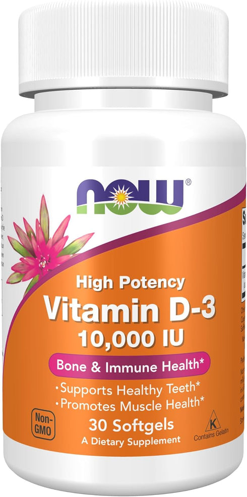 NOW Supplements Vitamin D-3 10,000 IU, 30 Softgels, Highest Potency for Structural Support
