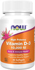 NOW Supplements Vitamin D-3 10,000 IU, 30 Softgels, Highest Potency for Structural Support