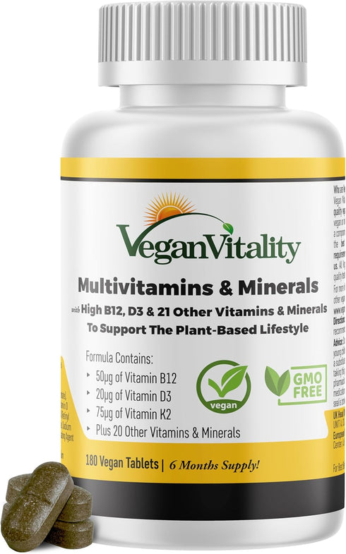 Vegan Vitality Multivitamins & Minerals for Women and Men, 180 Vegan Tablets with High Strength B12, D3 & K2