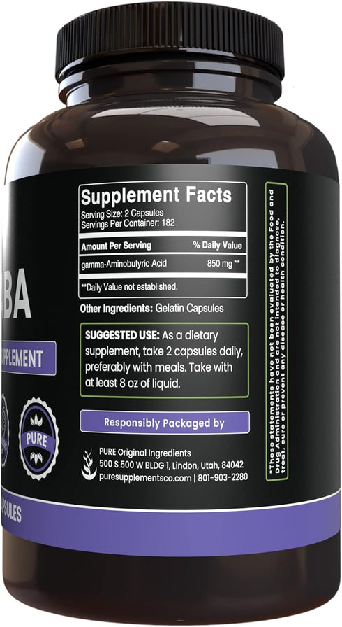 PURE ORIGINAL INGREDIENTS GABA (365 Capsules) - No Fillers, Always Pure, Lab Verified
