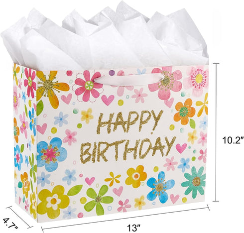 SUNCOLOR 13" Large Birthday Gift Bags with Tissue Paper and Card, Flowers Design