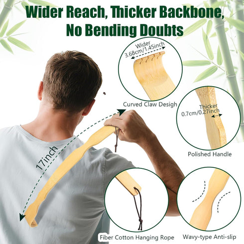 Renook 3 PCS Bamboo Back Scratcher, 17'' Long Handle for Men, Women & Kids, Best Gifts for Friends and Family