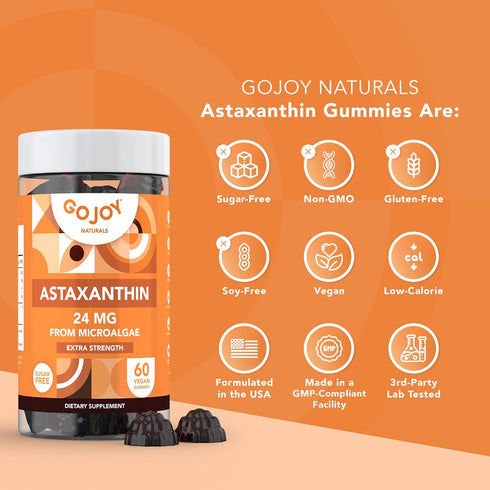 Chewable Astaxanthin Gummies - 24mg Natural Antioxidant Supplement, Vegan, Sugar-Free, 2 Month Supply (60 Gummies)