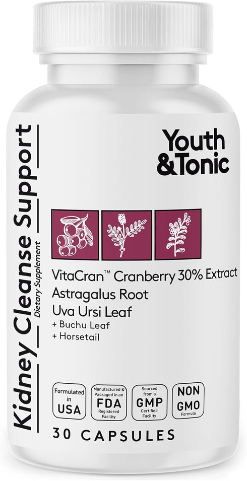 Youth & Tonic Kidney Cleanse & Detox Supplement with Cranberry Extract, Supports Urinary Tract Health, 30 Vegetarian
