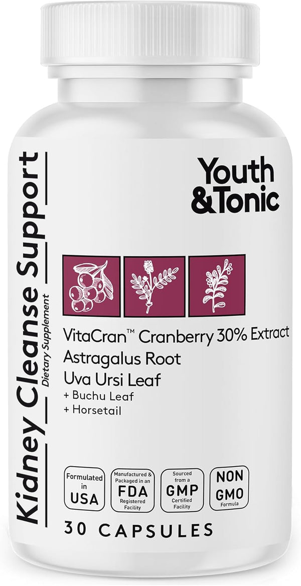 Youth & Tonic Kidney Cleanse & Detox Supplement with Cranberry Extract, Supports Urinary Tract Health, 30 Vegetarian