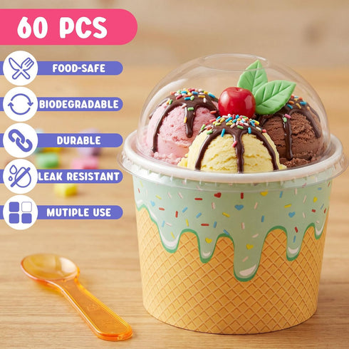 Jingmore 60 Set 4oz Ice Cream Paper Cups with Lids and Spoons, Disposable Sundae Bowls, Dessert Cups for Birthday Party
