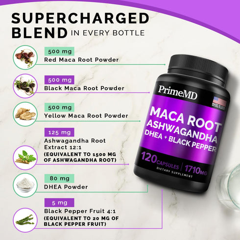 6-in-1 Organic Maca Root & Ashwagandha Capsules 1710mg, 120 Capsules, DHEA & Black Pepper Extract, Mood & Stamina
