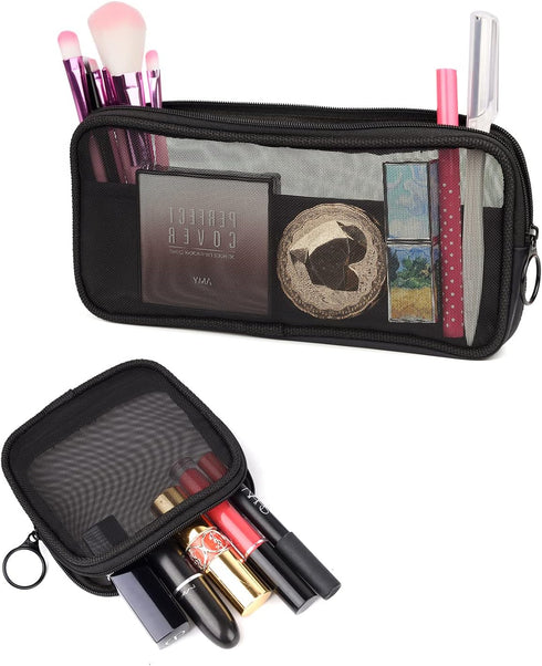 Mesh Travel Toiletry Bag, Transparent Standing Pouch, Portable Shaving Kits Organizer, Pack of 2 Sizes (S/M), Black