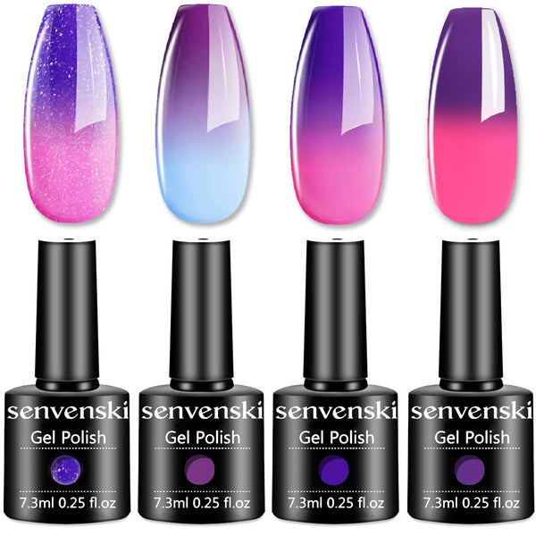 senvenski Color Changing Gel Nail Polish Kit - UV/LED Thermal Temperature Nail Art Set with Purple, Red, Pink, Peach