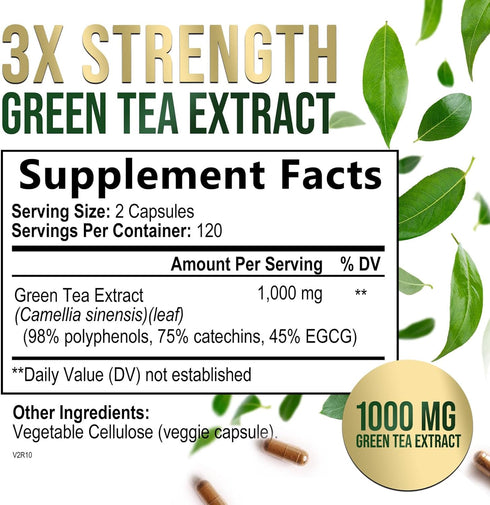 Green Tea Extract Capsules 1000mg 98% Standardized EGCG - 3X Strength for Natural Energy - 240 Capsules
