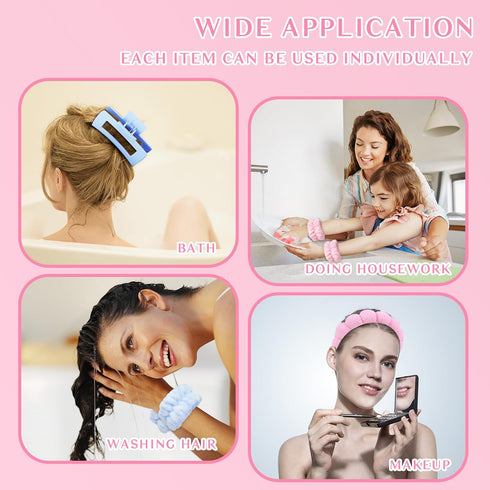 Wecoe Pink Blue Spa Headband and Wristband Set, Skincare Headband for Washing Face, Hair Claw Clips for Thick Hair