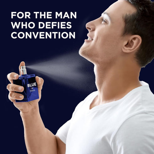 NovoGlow Blue De Paris for Men - 3.4 Fl. Oz. Perfume with Carrying Pouch - Woody Floral & Fruity