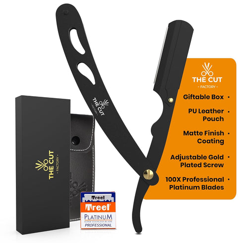 The Cut-Factory Straight Razor with 100 Pack Platinum Treat Professional Barber Razors for Men, Stainless Steel-Black
