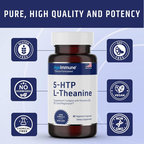 5-HTP Formula for Stress Relief - Relaxation Support for Teens and Adults with 5-HTP, L-Theanine, Vitamin B6, 60