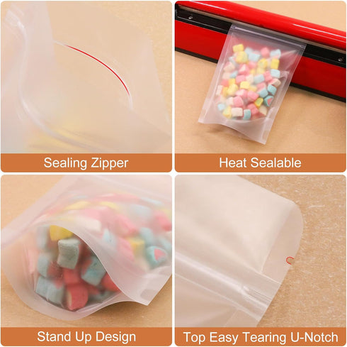 SumDirect 50Pcs Matte Frosted Zipper Resealable Stand Up Drink Bags, 4.3x6.7inches - Snack Food Tea Packing Drinking