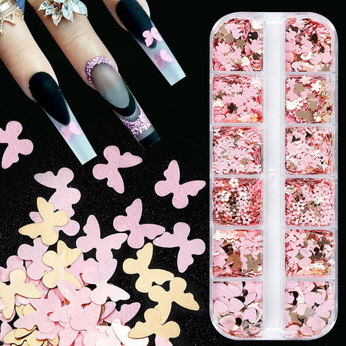 12Grids Valentine's Day Nail Glitter Sequins, Holographic Gold Pink Heart Nail Art Glitter Flakes for Acrylic Nail Decor
