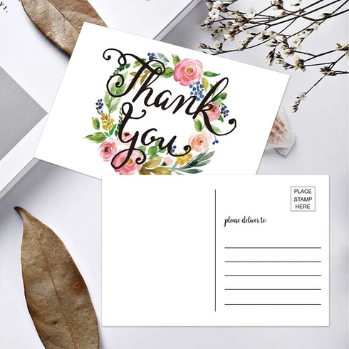 50 Thank You Postcards, Blank Thank You Note Card, Floral Watercolor Calligraphy Stationery for Wedding, Bridal or Baby