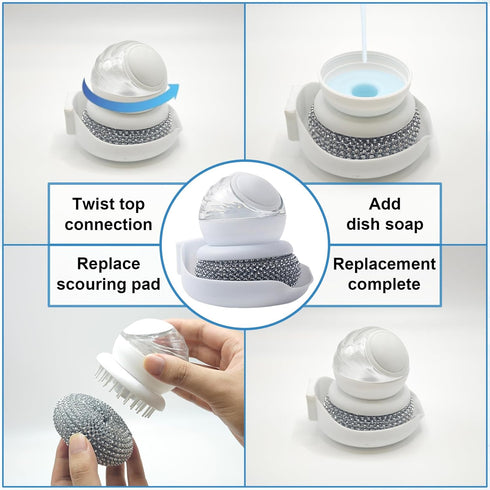 Pwaykit Dish Brush with Soap Dispenser, Steel Wool Scrubber with Replaceable Steel Wool, Pan Scraper and PET Scouring