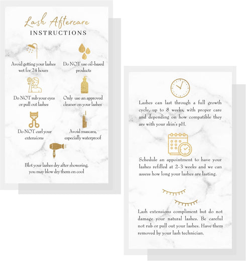 Lash Extension Aftercare Instructions Cards | 50 Pack | Double Sided 3.5 x 2" | Marble Look with Gold Icons Design