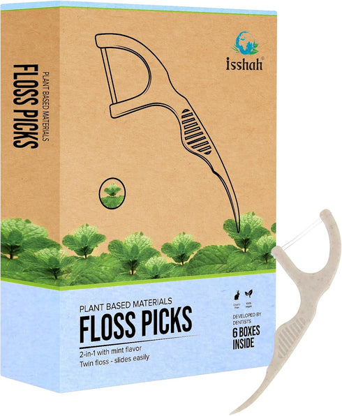 Natural Dental Floss Picks, 300 Count - Plant Based, PETA Approved Vegan, Eco-Friendly Twin Floss (Mint)