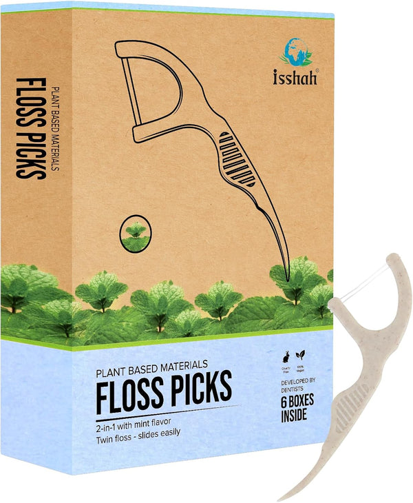Natural Dental Floss Picks, 300 Count - Plant Based, PETA Approved Vegan, Eco-Friendly Twin Floss (Mint)
