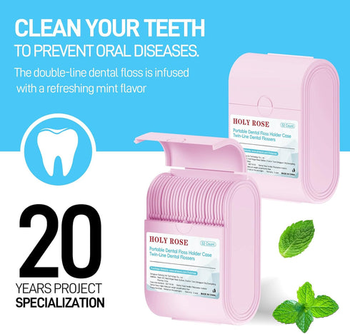 Holy Rose Pink Dental Floss Picks, 104 Count with 2 Travel Cases, Mint Flavored Oral Care Tool