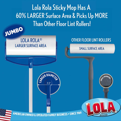 Lola Rola Giant Floor Lint Roller, 9" W x 3.5" Dia., Best Pet Hair Remover with 30 Large Adhesive Sheets