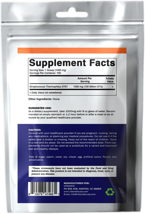 Vitamatic Streptococcus Thermophilus Probiotic Powder - Digestive Health Support, 100 Gram (3.5 OZ), 100 Servings
