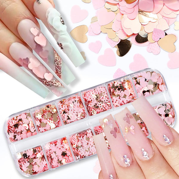 12Grids Valentine's Day Nail Glitter Sequins, Holographic Gold Pink Heart Nail Art Glitter Flakes for Acrylic Nail Decor