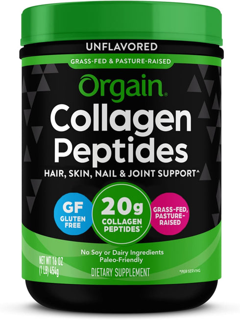 Orgain Hydrolyzed Collagen Peptides Powder 20g Grass Fed Collagen, Unflavored, 1lb - Hair, Skin, Nail & Joint Support