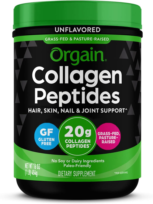 Orgain Hydrolyzed Collagen Peptides Powder 20g Grass Fed Collagen, Unflavored, 1lb - Hair, Skin, Nail & Joint Support