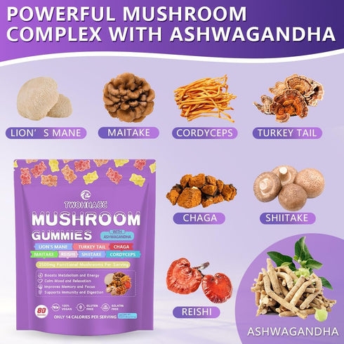 TWOHHACC Gummies Immune, Mushroom Supplement with Ashwagandha and Lions Mane, Maitake, Turkey Tail, Reishi, Chaga