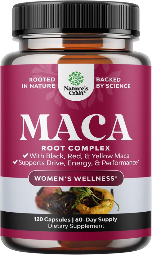 Organic Maca Root Capsules for Women - 120ct - Potent Herbal Supplement with Red Yellow & Black Maca Root