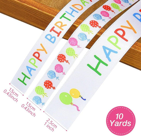 MAMUNU 3 Rolls Happy Birthday Ribbon, 3/5" and 1" Wide White Satin Polyester Ribbon for Gift Wrapping, 30 Yards