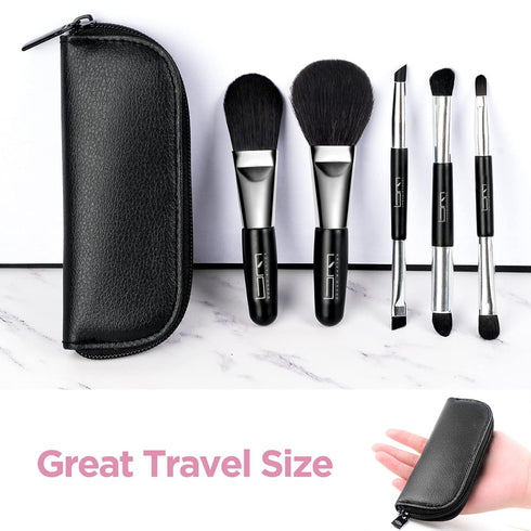 Travel Makeup Brushes Set with Pouch, 5PCS Double Ended Mini Cosmetic Brushes Kit for Professional Makeup (Black)