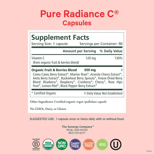 PURE SYNERGY Pure Radiance C – Organic Vitamin C Capsules, 100% Whole Food Supplement, 90 Capsules