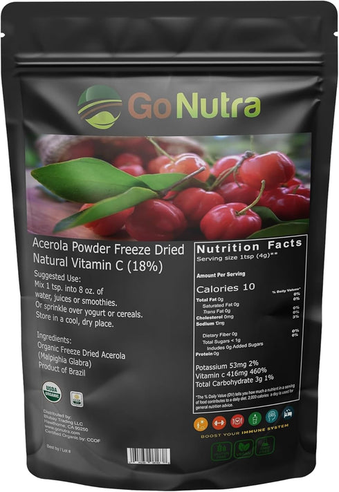 Go Nutra Organic Acerola Powder - Freeze Dried 18% Vitamin C Powder from Brazil - 8oz