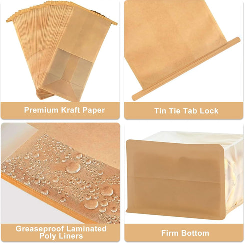 SixWeKit 50 Pack 11" 5.1" 3.9" Packaging Kraft Paper Bread Bags with Clear Window, x x Bakery Bags Tin Tie Tab Lock